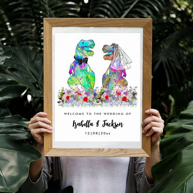 Dinosaur Theme Wedding Willkommen Poster (Fun dinosaur themed wedding with colorful wildflowers custom wedding welcome poster)
