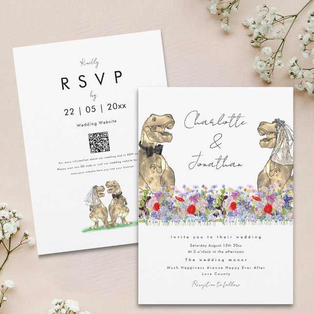 Dinosaur Theme-Wildblume Einladung (Boho wildflower dinosaur wedding invitation with whimsical script and qr code)