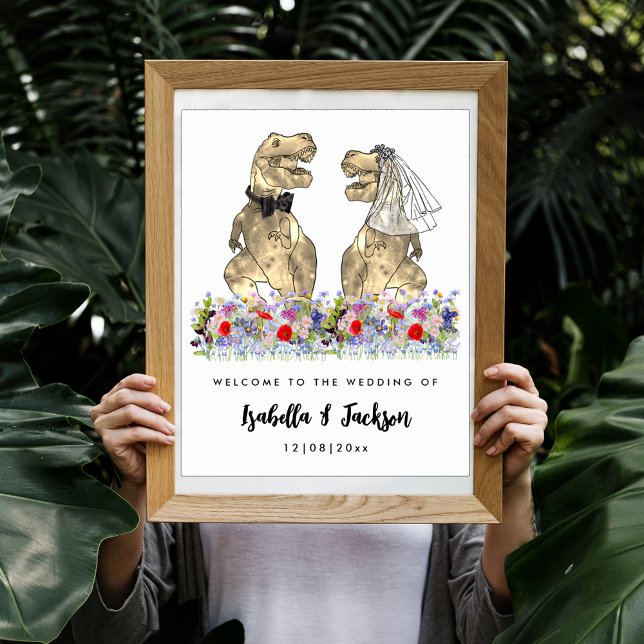 Dinosaur Theme Wildblume Hochzeit Willkommen Poster (Dinosaur themed wedding fun T-Rex bride and groom in wildflower meadow custom wedding welcome poster)