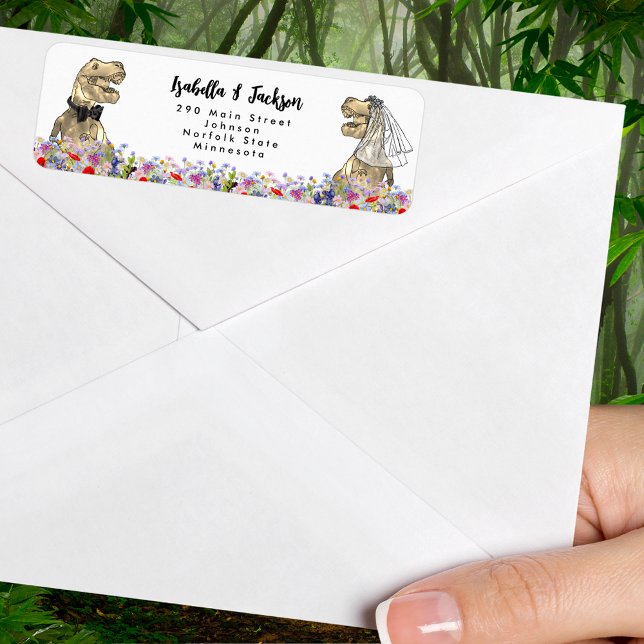 Dinosaur Theme Wildblume Wedding (Funny T-Rex bride and groom dinosaur wedding return address label with wildflowers)