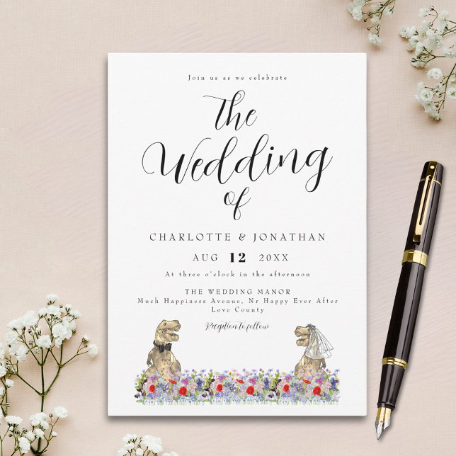 Dinosaur Theme Wildblume Wedding Einladung (Elegant script dinosaur wildflower wedding invitation)