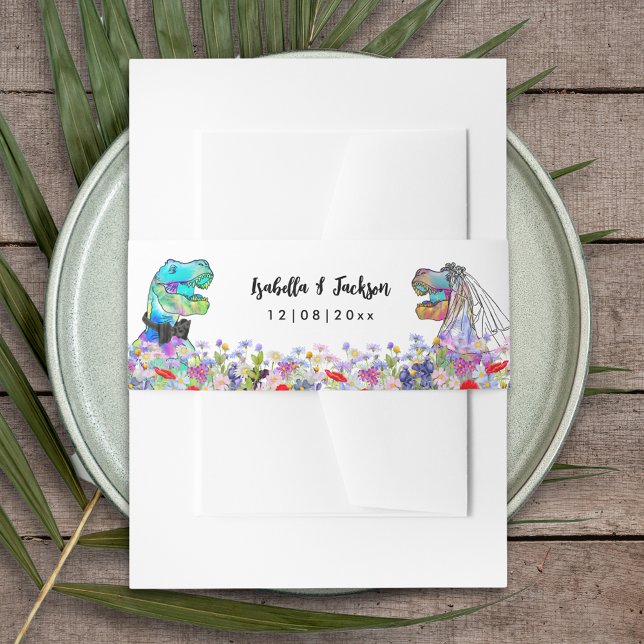 Dinosaur Theme Wildblume Wedding Einladungsbanderole (Dinosaur themed wedding colorful T-Rex bride and groom with wildflowers custom belly band)