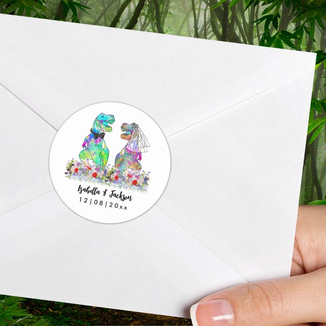 Dinosaur Theme Wildblume Wedding Runder Aufkleber (Dinosaur wedding T-Rex bride and groom colorful personalized bride and groom name and date sticker)