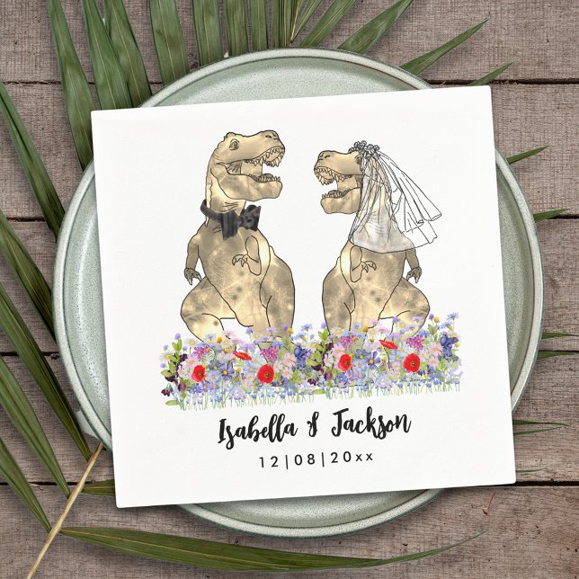 Dinosaur Theme Wildblume Wedding Serviette (Funny Dinosaur wedding T-Rex bride and groom in a colorful wildflower meadow custom wedding napkins )
