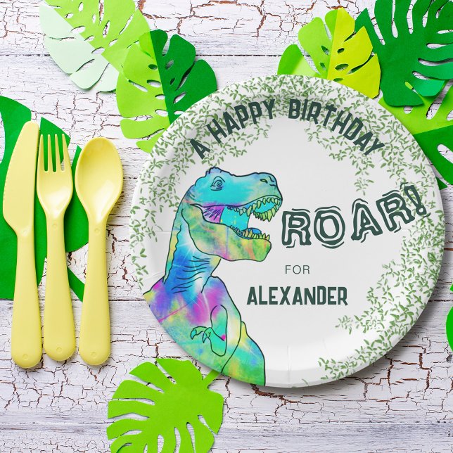 Dinosaur Themed Geburtstagsparty Pappteller (Dinosaur T-Rex jungle Roar birthday party custom paper plate add name colorful dino & green foliage)