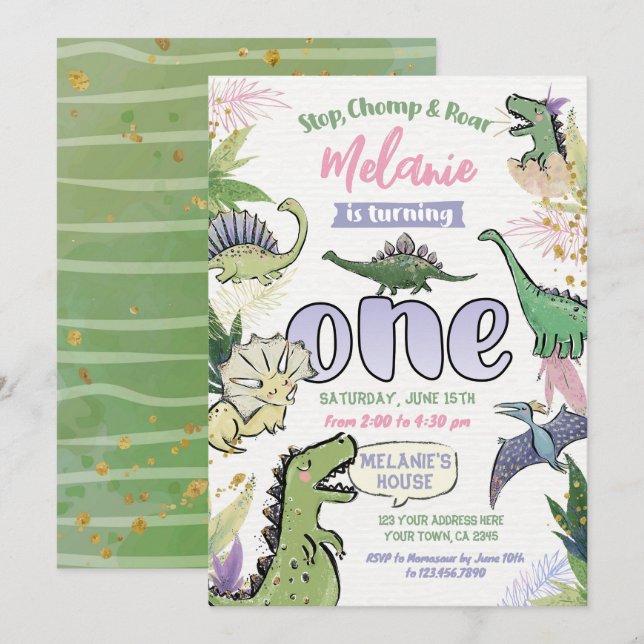 Dinosaur Themed Party 1. Geburtstag Einladung (Vorne/Hinten)