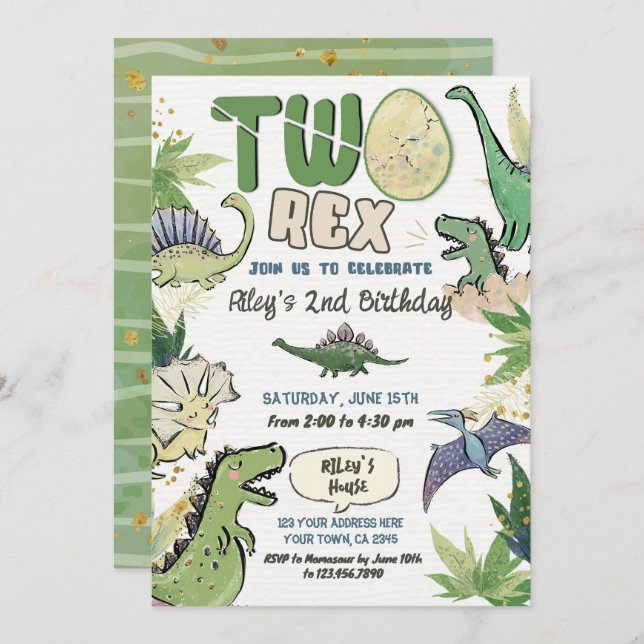Dinosaur Themed Party 2. Geburtstag Einladung (Vorne/Hinten)
