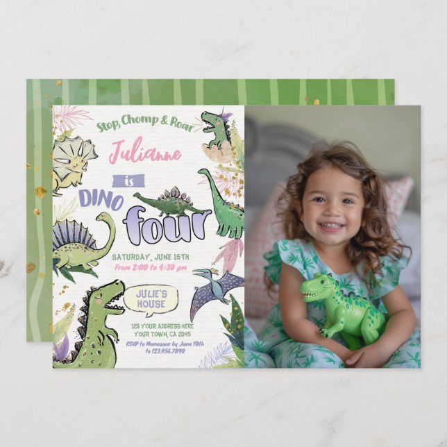 Dinosaur Themed Party Dino 4. Geburtstag Einladung (Vorne/Hinten)