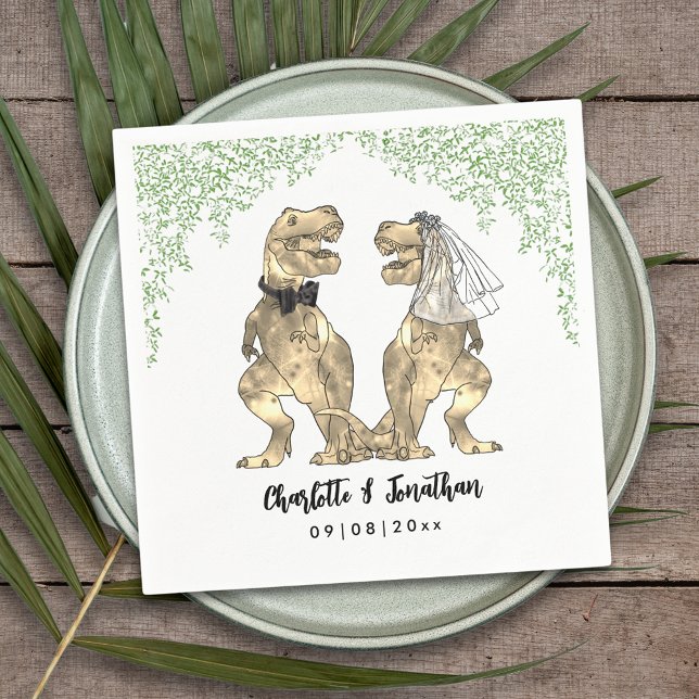 Dinosaur Themed Wedding Custom Serviette (Dinosaur themed wedding with fun T-Rex bride and groom with  Jurassic jungle foliage custom napkin)