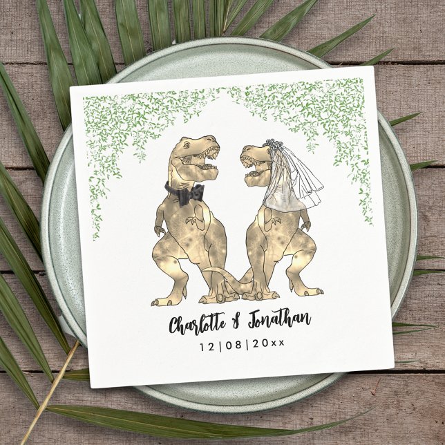 Dinosaur Themed Wedding Custom Serviette (Dinosaur themed wedding with fun T-Rex bride and groom with  Jurassic jungle foliage custom napkin)