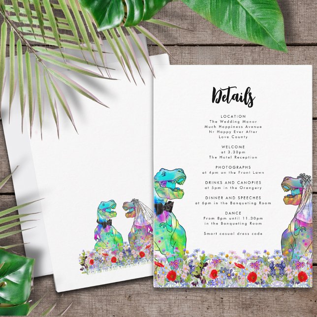 Dinosaur Themed Wedding Details Begleitkarte (T-Rex bride and groom with colorful wildflowers dinosaur wedding invitation details enclosure card)