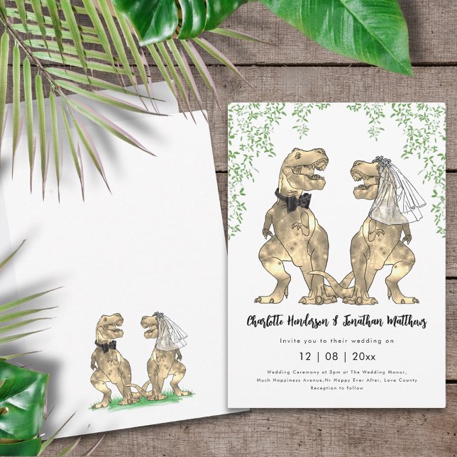 Dinosaur Themed Wedding Einladung (Dinosaur themed wedding invitation with funny T-Rex bride and groom and jungle foliage)
