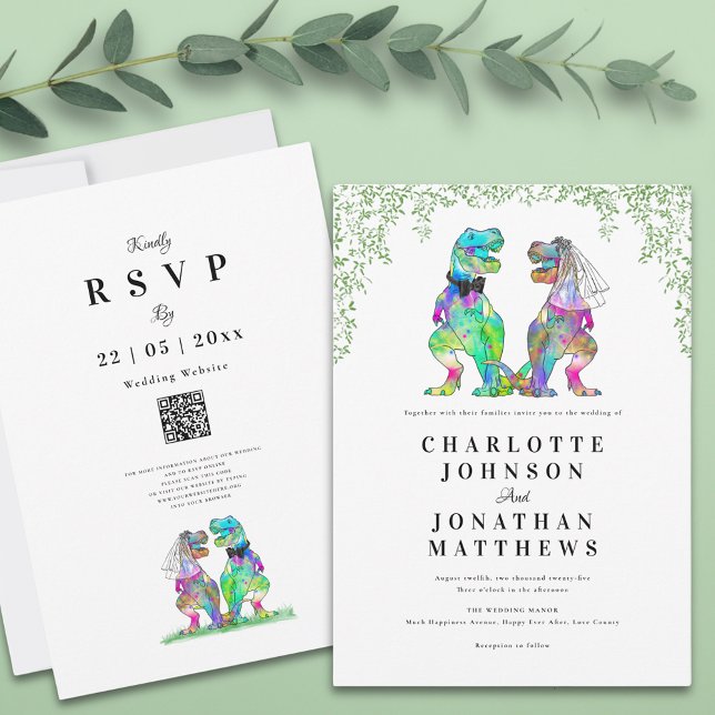 Dinosaur Themed Wedding QR Code Einladung (Botanical dinosaur wedding invitation with qr code and watercolor eucalyptus foliage)