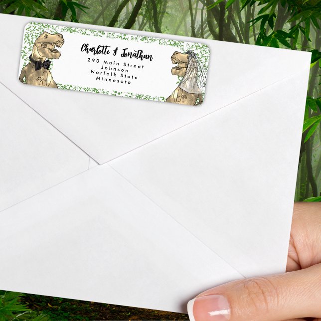 Dinosaur Themed Wedding Rücksendeadresse (Dinosaur themed wedding funny T-Rex bride and groom jungle foliage return address label)