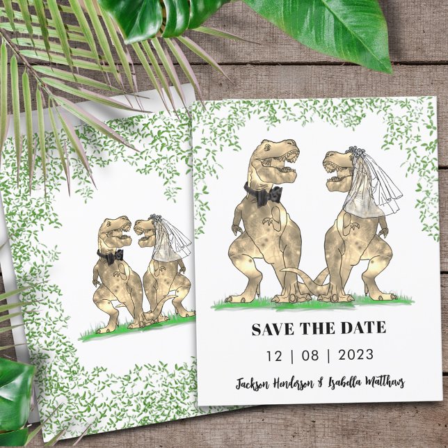 Dinosaur Themed Wedding Save the Date (Dinosaur wedding save the date budget invitation T-Rex bride and groom Jurassic jungle foliage)