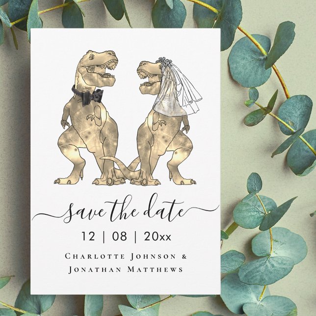 Dinosaur Themed Wedding Save The Date (Funny dinosaur wedding save the date T-Rex bride and groom dino elegant script)