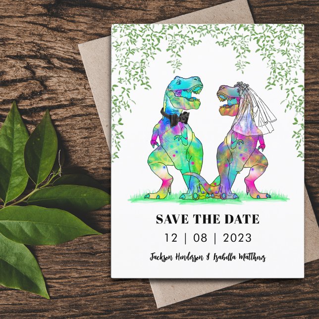 Dinosaur Themed Wedding Save the Date Funny Postkarte (Dinosaur themed wedding save the date budget postcard invitation with colorful T-Rex bride and groom)