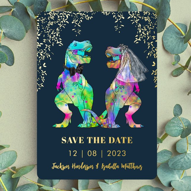 Dinosaur Themed Wedding Save the Date Gold Folieneinladung (T-Rex bride and groom Dinosaur wedding save the date gold foil invitation eucalyptus leaf foliage )