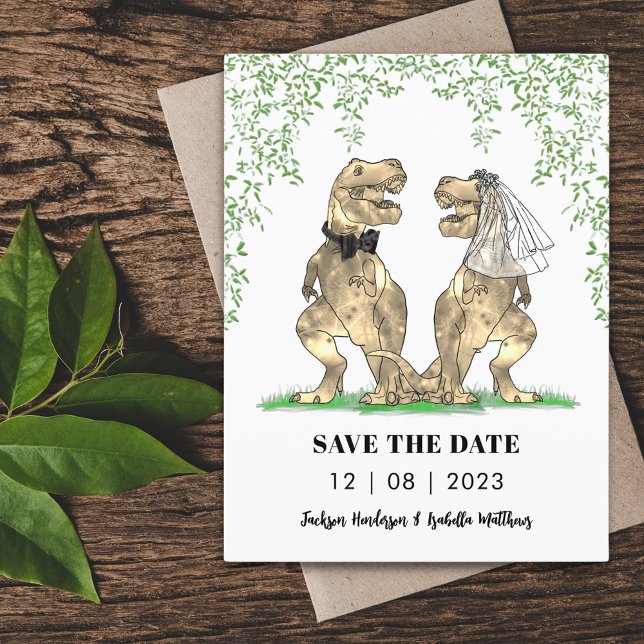 Dinosaur Themed Wedding Save the Date Postkarte (T-Rex bride and groom funny dinosaur themed wedding save the date invitation )