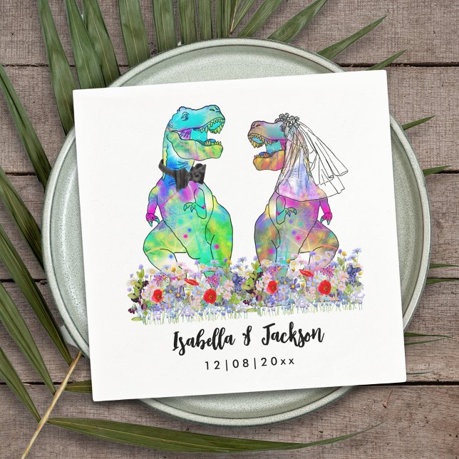 Dinosaur Themed Wedding Serviette (Dinosaur wedding funny T-Rex bride and groom colorful floral personalized napkin)