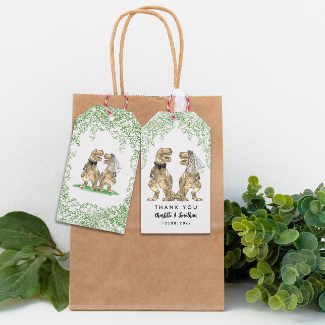 Dinosaur Themed Wedding Vielen Dank Geschenkanhänger (Dinosaur themed wedding thank you tag with funny T-Rex bride and groom)