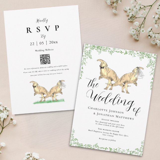 Dinosaur-Themen-Hochzeit QR-Code-Einladung Einladung (Cute Dinosaur theme wedding QR Code invitation parasaurolophus Dinosaur bride and groom greenery)