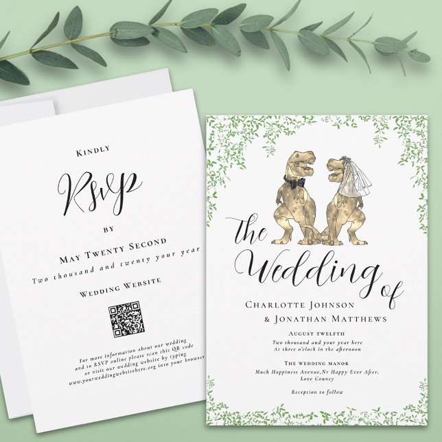 Dinosaur-Themen-Hochzeit QR-Code-Einladung Einladung (Dinosaur theme wedding qr code invitation watercolor eucalyptus foliage elegant script T-Rex dino)