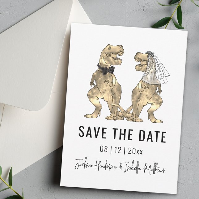 Dinosaur-Themen-Hochzeit Save The Date (Funny T-Rex bride and groom Dinosaur wedding save the date Minimalist stylish modern)