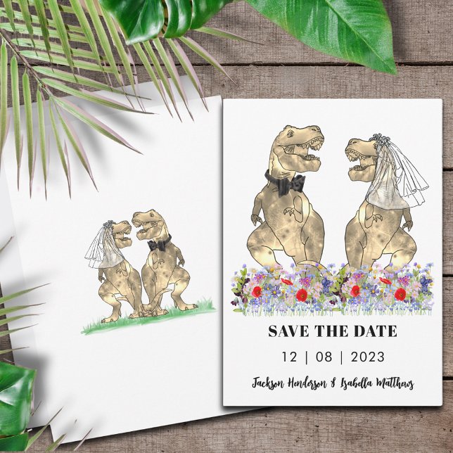 Dinosaur-Themen-Hochzeit Save The Date (Dinosaur themed wedding save the date invitation with T-Rex bride and groom & colorful wildflowers )