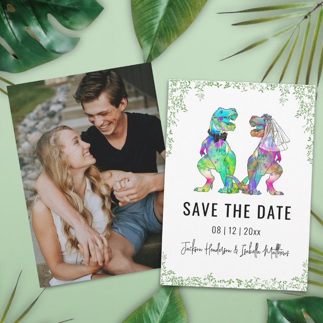 Dinosaur-Themen-Hochzeit Save the Date Foto (Funny colorful watercolor dinosaur theme wedding save the date photo card Modern trendy script)
