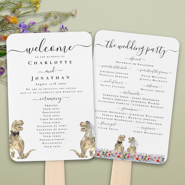 Dinosaur-Themen-Hochzeitszeremonie-Programm Fächer (Funny dinosaur bride and groom custom wedding ceremony program fans Watercolor wildflower meadow )