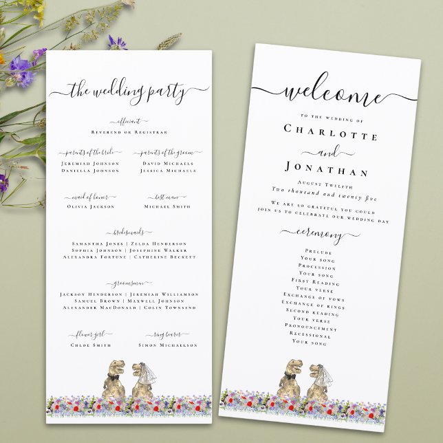 Dinosaur-Themen-Hochzeitszeremonie-Programm Menükarte (T-Rex bride and groom funny dinosaur wedding ceremony program card Boho watercolor wildflower meadow)