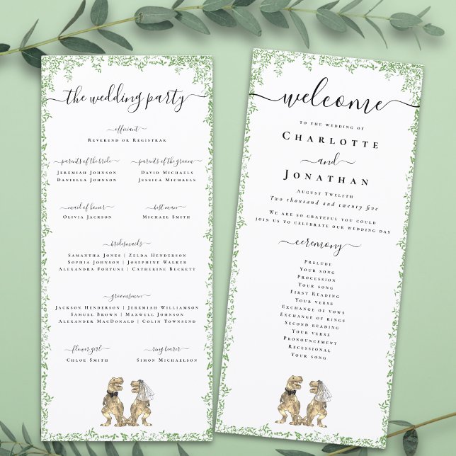 Dinosaur-Themen-Hochzeitszeremonie-Programm Menükarte (T-Rex bride and groom funny dinosaur wedding ceremony program card Watercolor foliage elegant script)