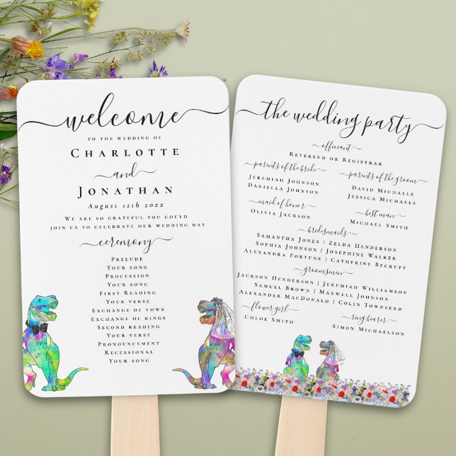 Dinosaur-Themen-Hochzeitszeremonie-Programm mit Bl Fächer (Watercolor wildflower dinosaur T-Rex bride and groom wedding ceremony program fan Vibrant bold color)