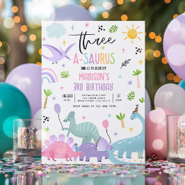 Dinosaur Three-A-Saurs Pink 3. Geburtstags-Party Einladung