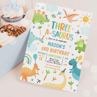 Dinosaur Three-A-Saurus 3. Geburtstags-Party Einladung