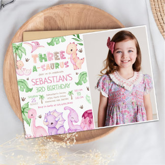 Dinosaur Three-A-Saurus Girl 3. Geburtstags-Foto Einladung