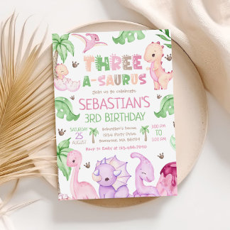 Dinosaur Three-A-Saurus Girl 3. Geburtstags-Party Einladung