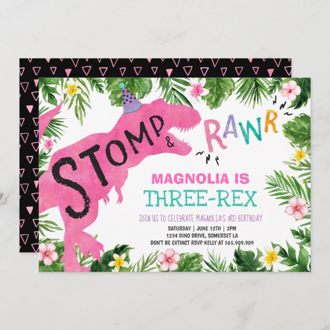Dinosaur Three-Rex Birthday Einladung Girl Dino (Vorne/Hinten)