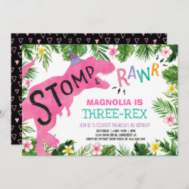 Dinosaur Three-Rex Birthday Einladung Girl Dino