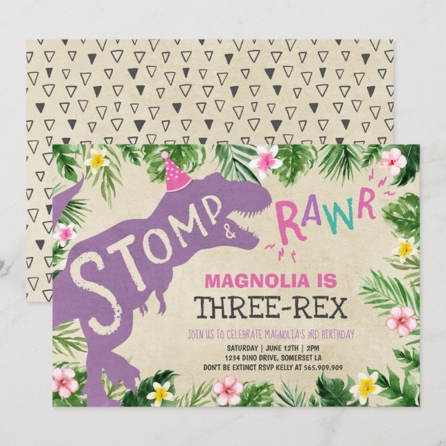 Dinosaur Three-Rex Birthday Einladung Girl Dino (Vorne/Hinten)