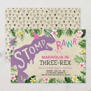 Dinosaur Three-Rex Birthday Einladung Girl Dino