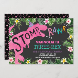 Dinosaur Three-Rex Birthday Einladung Girl Dino
