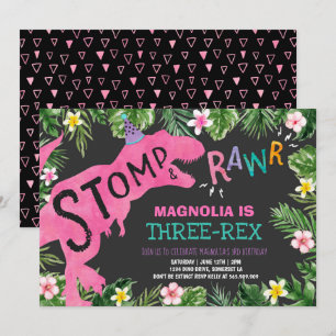 Dinosaur Three-Rex Birthday Einladung Girl Dino