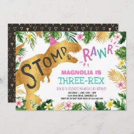 Dinosaur Three-Rex Birthday Einladung Girl Dino