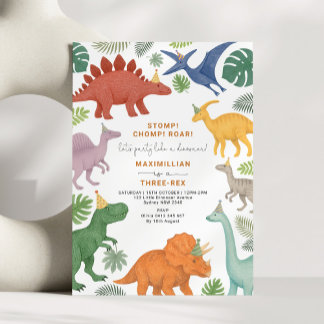 Dinosaur Three-Rex Boy Birthday Party Einladung