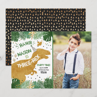Dinosaur Three-Rex T-Rex RAWR Gold Boy Birthday Einladung