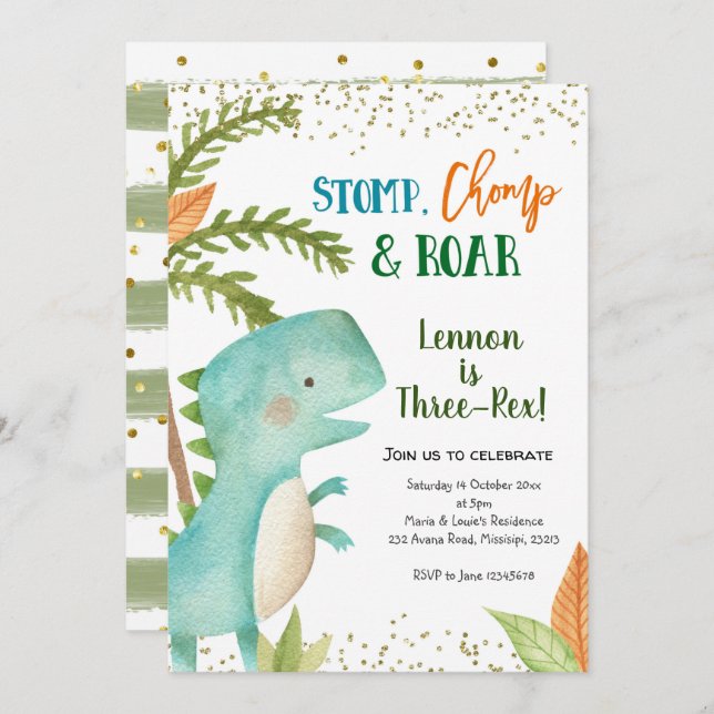 Dinosaur Three-Rex zum Geburtstag Einladung (Vorne/Hinten)