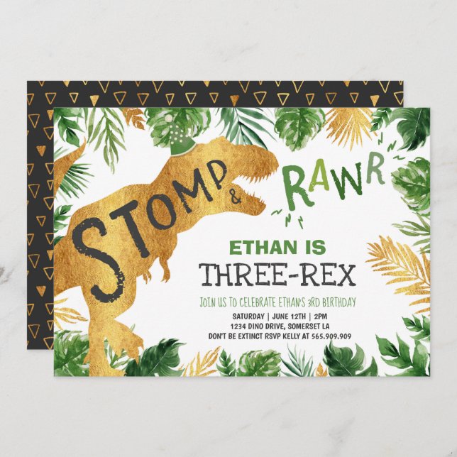 Dinosaur Three-Rex zum Geburtstag Einladung Boy Di (Vorne/Hinten)