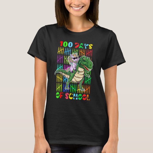Dinosaur TRex Happy 100th Day Of School Unicorn 10 T-Shirt (Vorderseite)